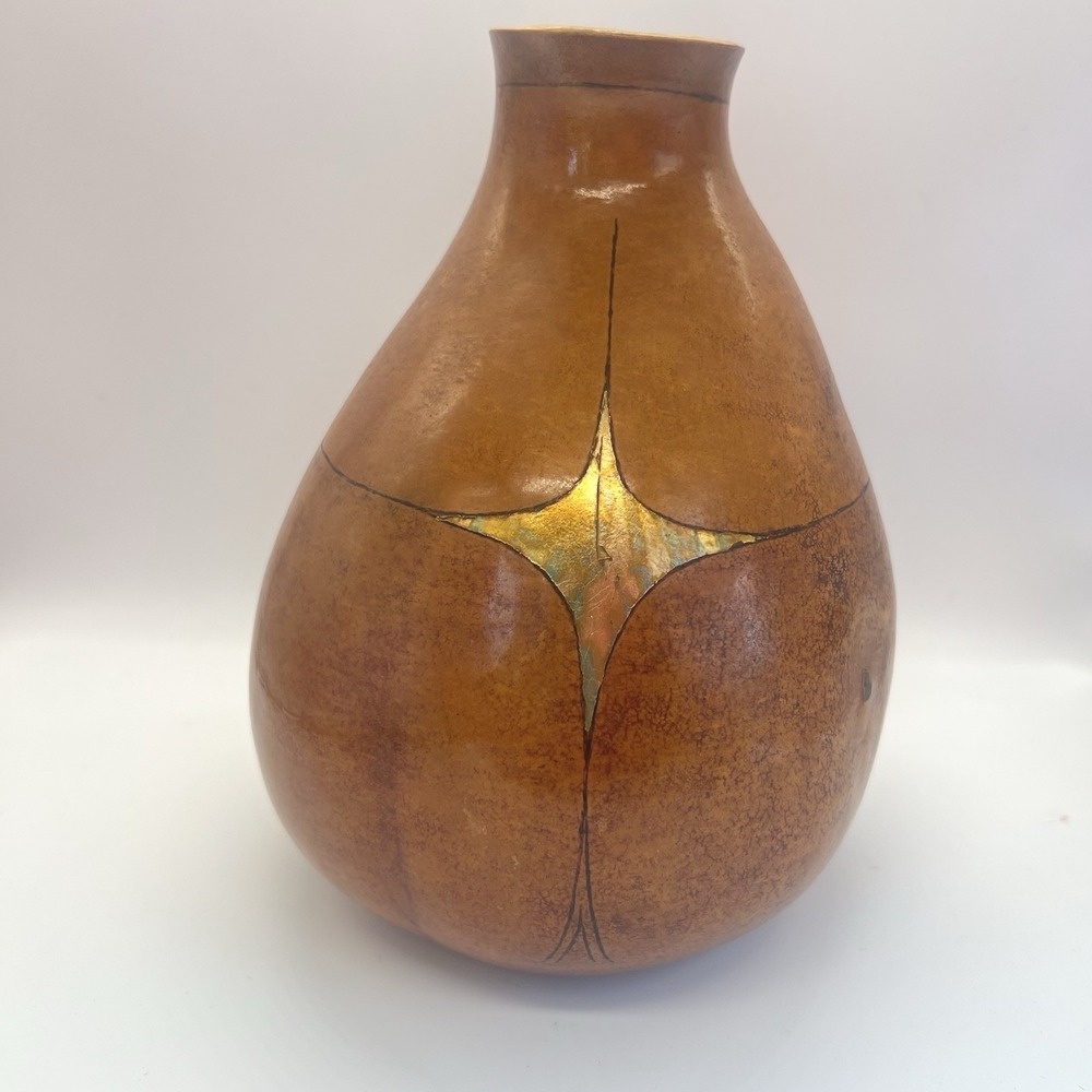 Painted Gourd Artist Signed Gene Zgoda Vase Metallic Look Cincinnati Boho